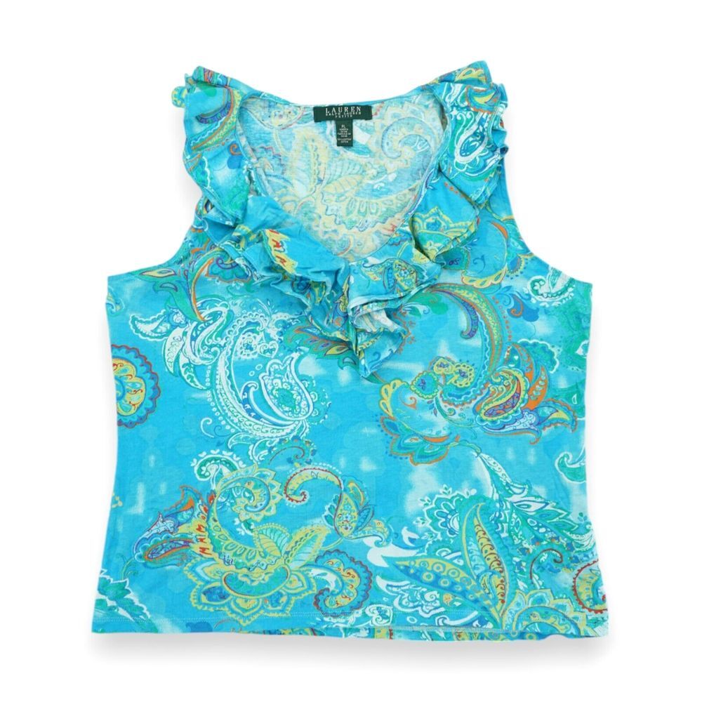 Lauren Ralph Lauren Blue Floral Ruffle Neck Cotton Sleeveless Top Sz PL Petites